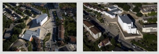 Figura 4. Vista aérea do conjunto - pátio superior, plataforma e pátio inferior e alinhamento com as edificações vizinhas.  Fonte: Fernando Guerra/Casa da Arquitectura.