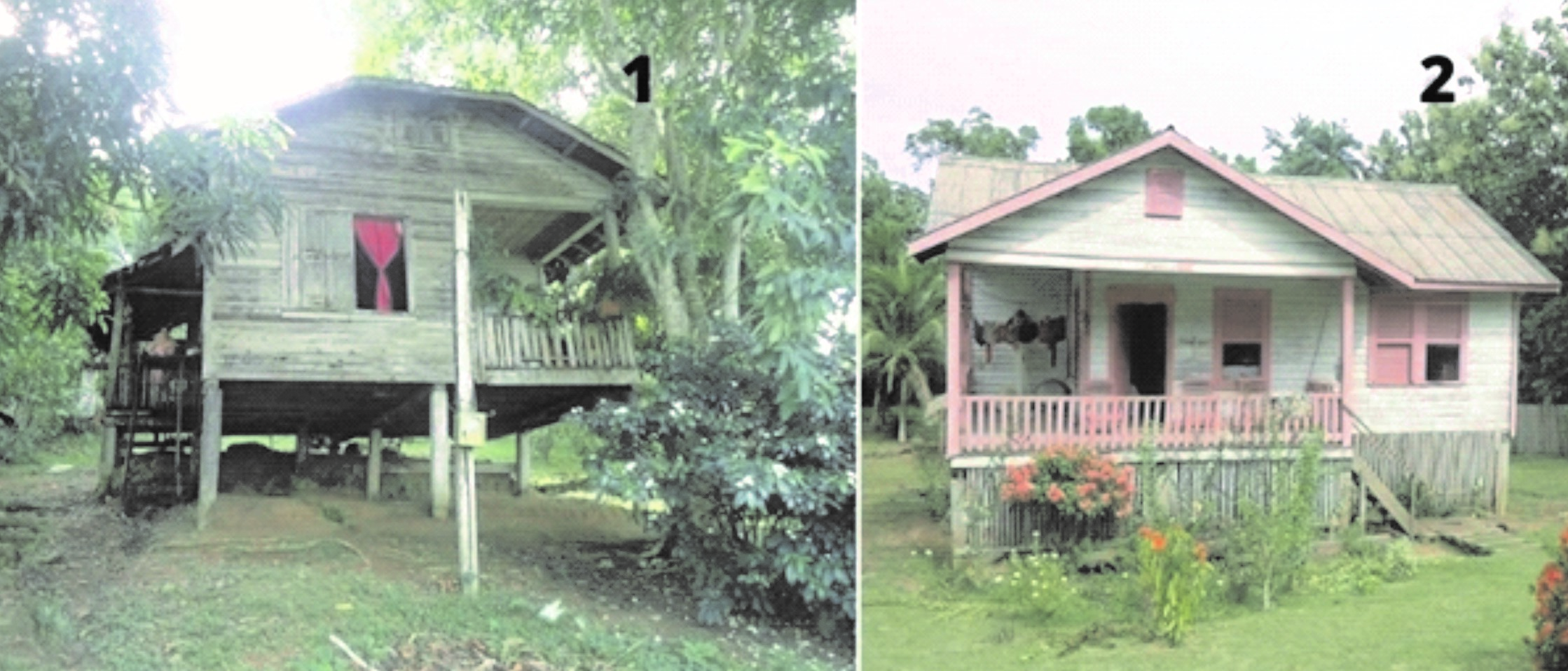 Figura 4: Residências em Fordlândia que se assemelham ao tipo palafita amazônico: 1. Exemplar Bangalô da Matinha; 2. Exemplar da Prainha. Autora: autora 1, 2014. Fonte: Zâmara Lima