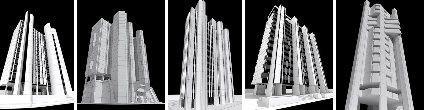 Figura 2 – Edifícios com torres periféricas. Da esquerda para a direita: Ed. Concorde (1976-78); Ed. Brasilinterpart (1982-85); Ed. Concorde (1976-79); Ed. Gávea (1985); Ed. Jafet (1982). Fonte: Os autores
