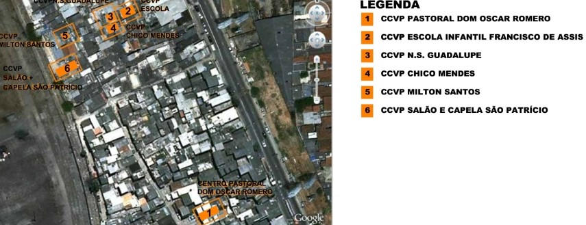 Picture 1 Implantation of the Vila Prudente Favela’s Cultural Center. Google Earth Image. Adapted by author.  Legend: 1. Oscar Romero Pastoral Work, 2. Francisco de Assis Nursery School, 3. Our lady of Guadalupe. 4. Chico Mendes, 5. Milton Santos  6.Hall and Saint Patrick Chapel 