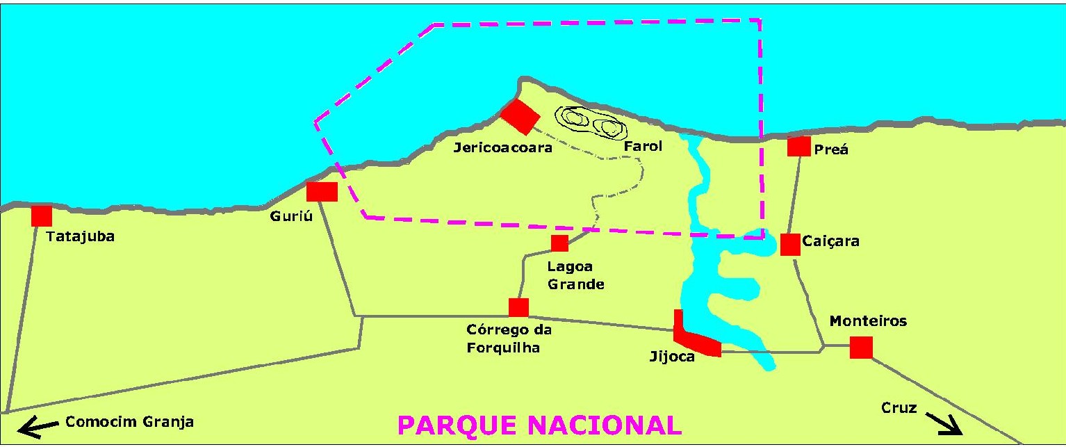 Figura 2 -  Mapa do Parque Nacional de Jericoacoara. Desenho: Arquiteta Carolina P. Sacchelli, 2004.