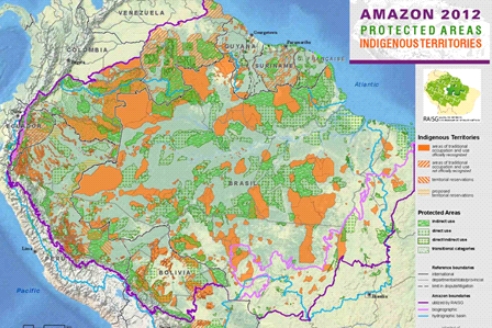Fig. 1 Mapa da Amazônia com áreas indígenas, áreas protegidas e de extrativismo (Na legenda: Direct use - uso direto: madeira, recreação, medicina, educação; Indirect use - uso indireto: ciclagem de nutrientes, redução da poluição do ar) Fonte: RAISG Disponível em <https://www.amazoniasocioambiental.org/pt-br/mapas/#!/areas> Acesso em 04/06/2018