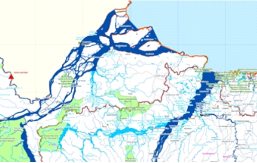 Fig. 3 Hidrografia na Região do Marajó (em azul claro, rios sob o domínio do Estado, em azul escuro, rios sob domínio da União; linhas em vermelho: divisões de Bacias Hidrográficas) Fonte: Base Hidrográfica ANA Agência Nacional de Águas, Abril 2017 