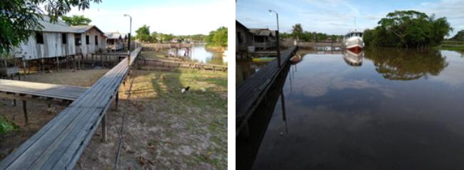 Fig. 9 e 10 Fotos de comunidade ribeirinha junto ao rio Cururu (localidade de São Benedito) - o mesmo lugar em tempos de seca e em tempos de águas altas Fonte: Fotos do autor Novembro/2017 e Abril/2018 